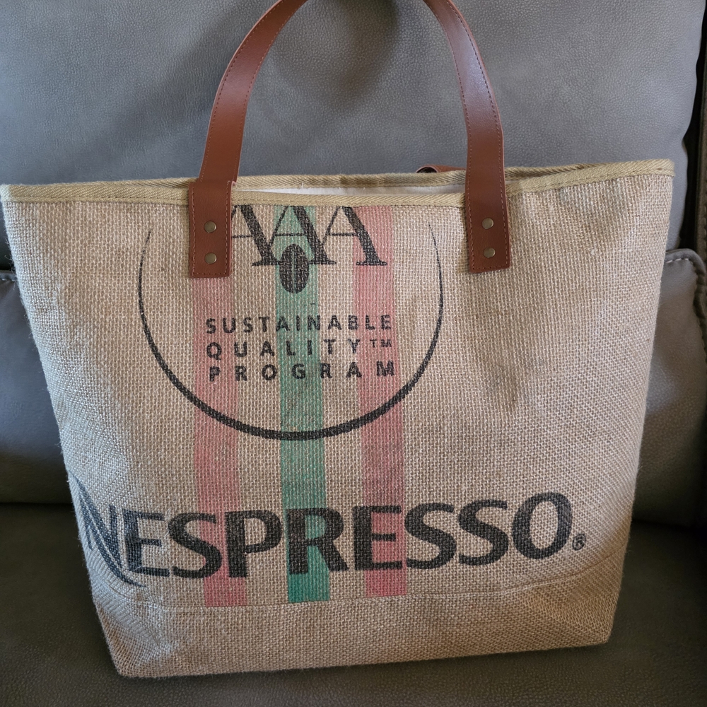 Nespresso Burlap Tote with Brown Leather Handles